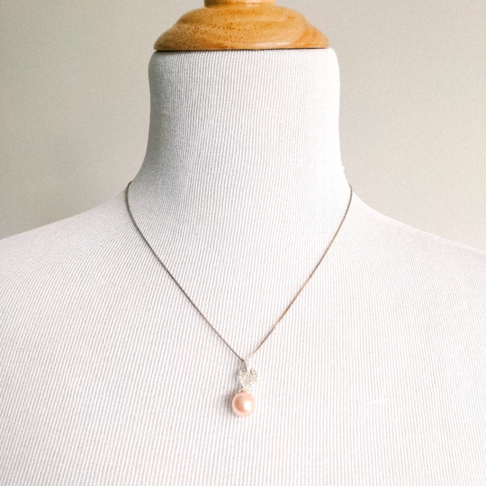 Silver Necklace Pale Pink faux pearl with rhinestones